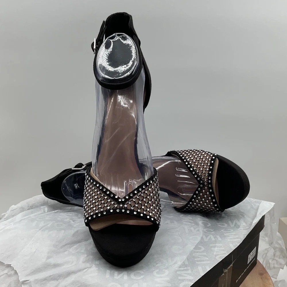 INC International Concepts Women Black Rhinestone Mesh Platform Block Heels